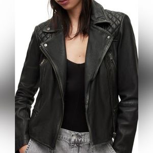 Allsaints "cargo" dark grey leather biker jacket. VGUC. Size UK14 US 10.